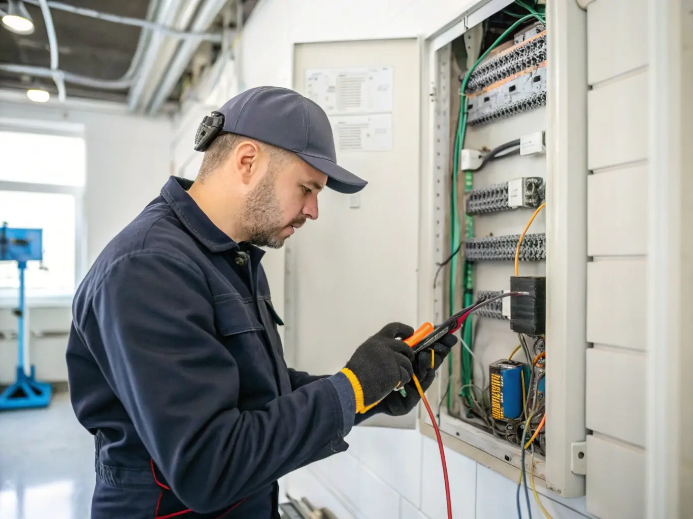 An electrician from Lamarche Electric Inc. working on an electrical panel, demonstrating the expertise and professionalism of the team.